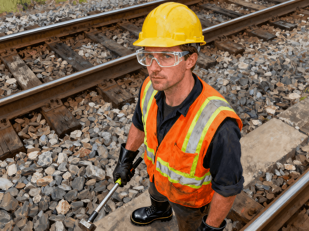 Railway maintenance crew wearing PPE including helmet high-visibility vest safety goggles and steel-toed boots Railway maintenance crew wearing PPE including helmet high-visibility vest safety goggles and steel-toed boots