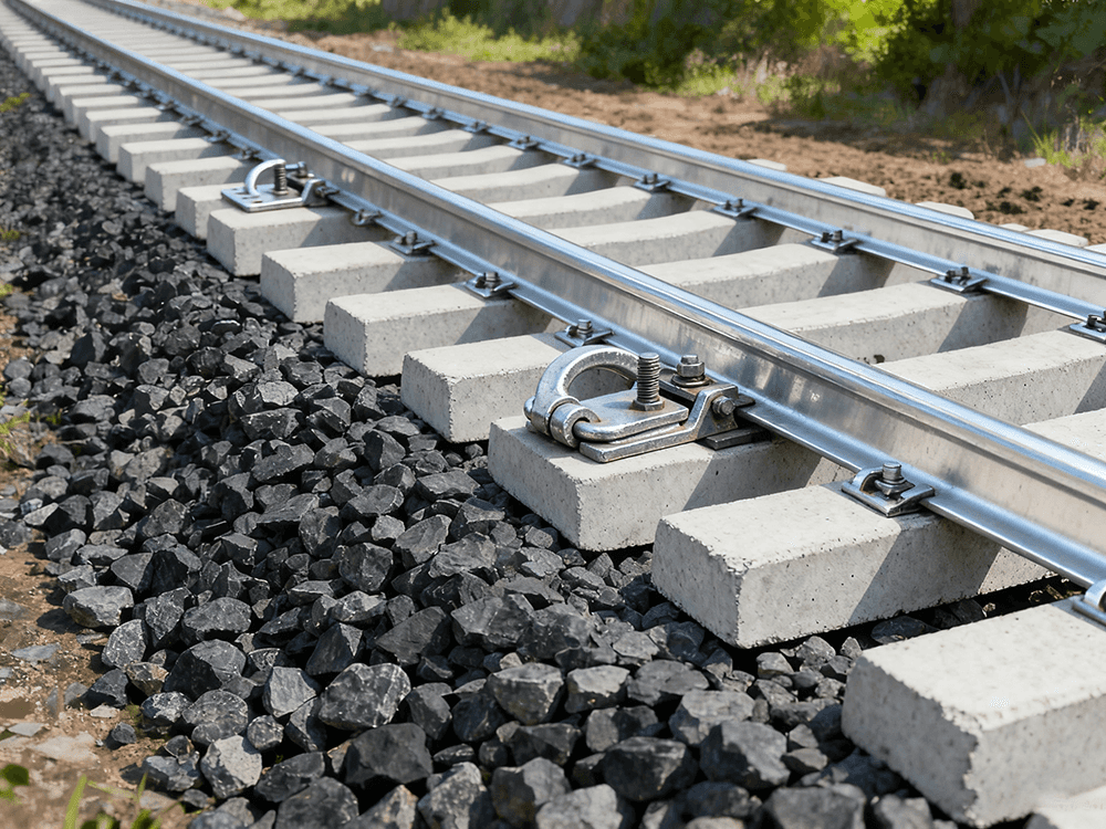 Diagram showing rails sleepers ballast and fastening system in railway track Diagram showing rails sleepers ballast and fastening system in railway track